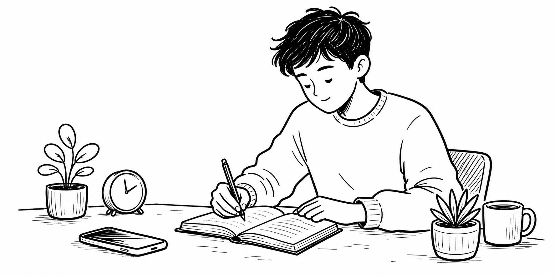 Line illustration of a quiet journaling scene.