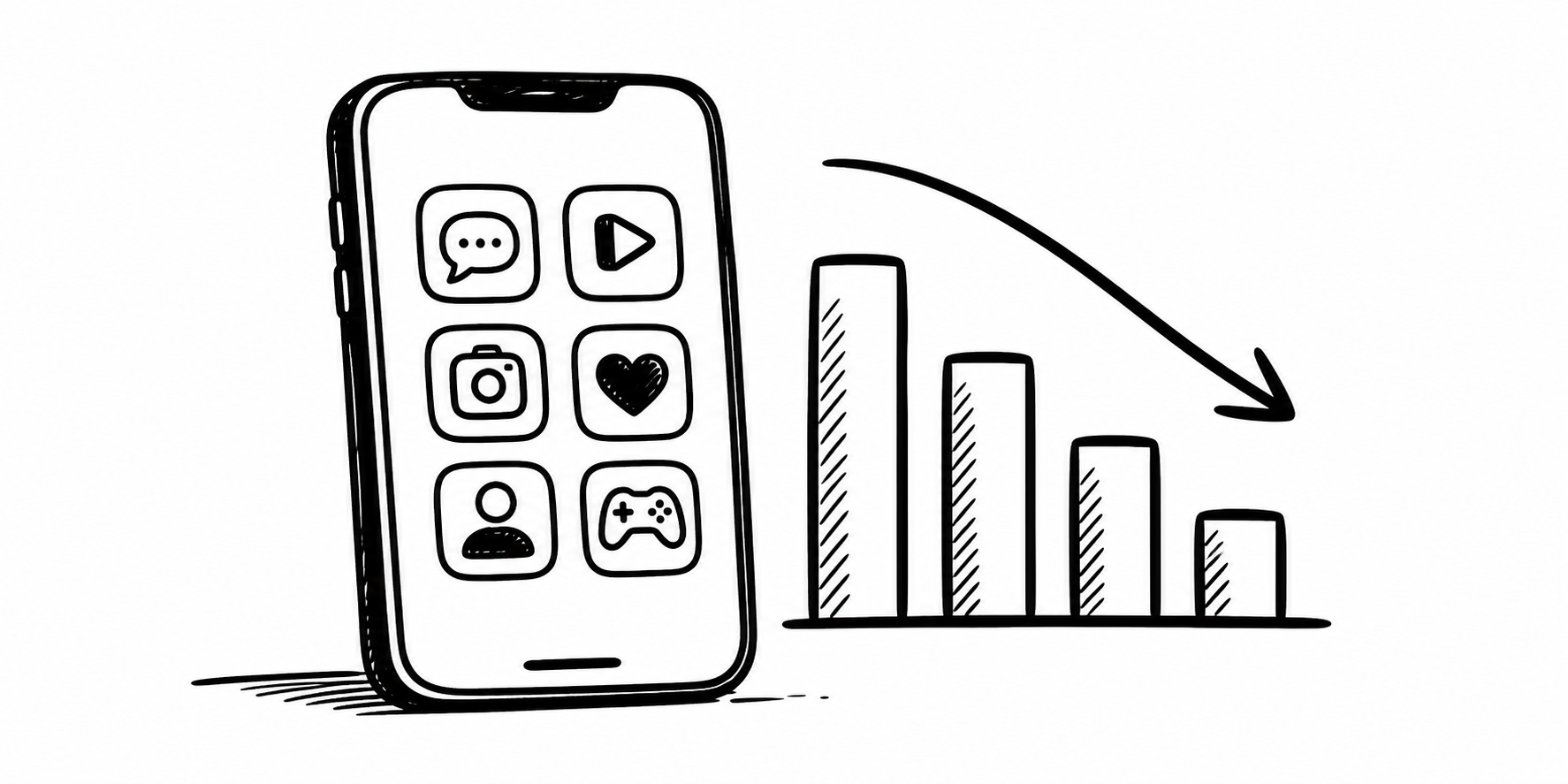 Line illustration of a phone and decreasing usage chart.